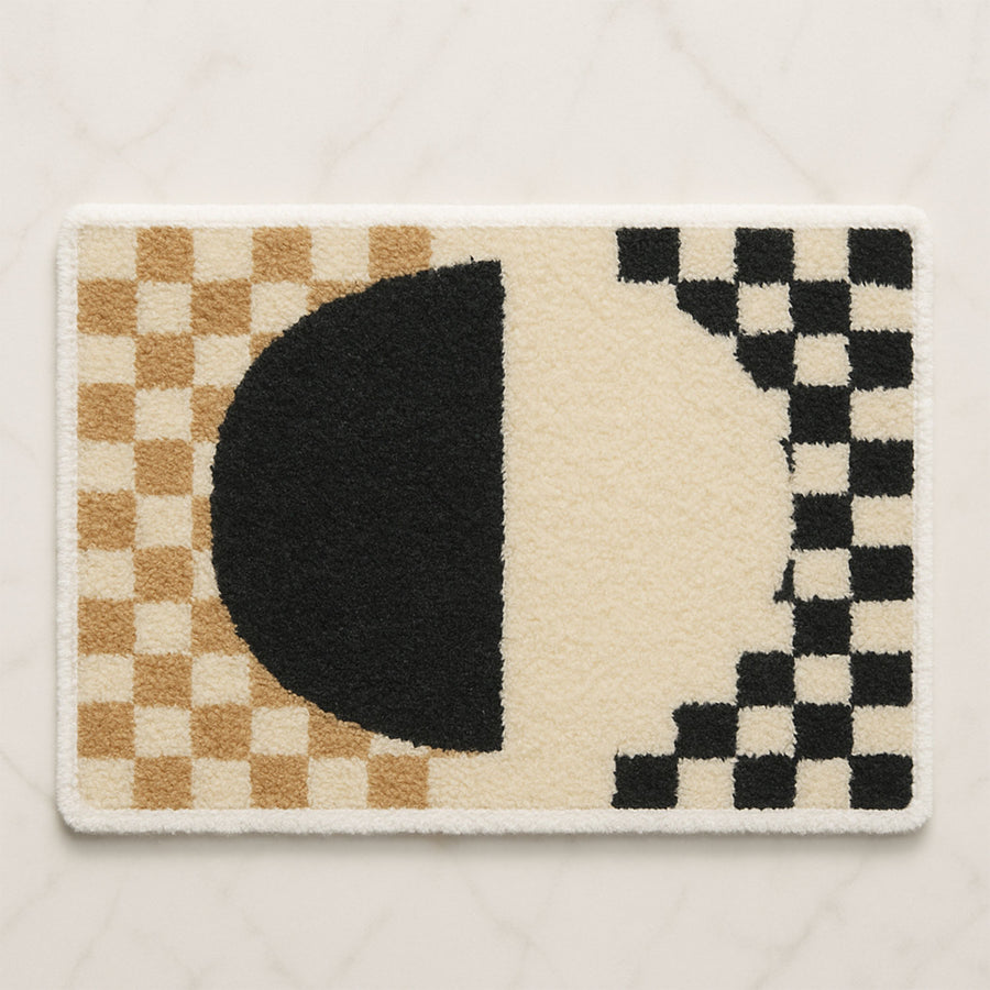 Feblilac Yellow and Black Checkerboard tufted bath mat in a bright bathroom beside the bathtub