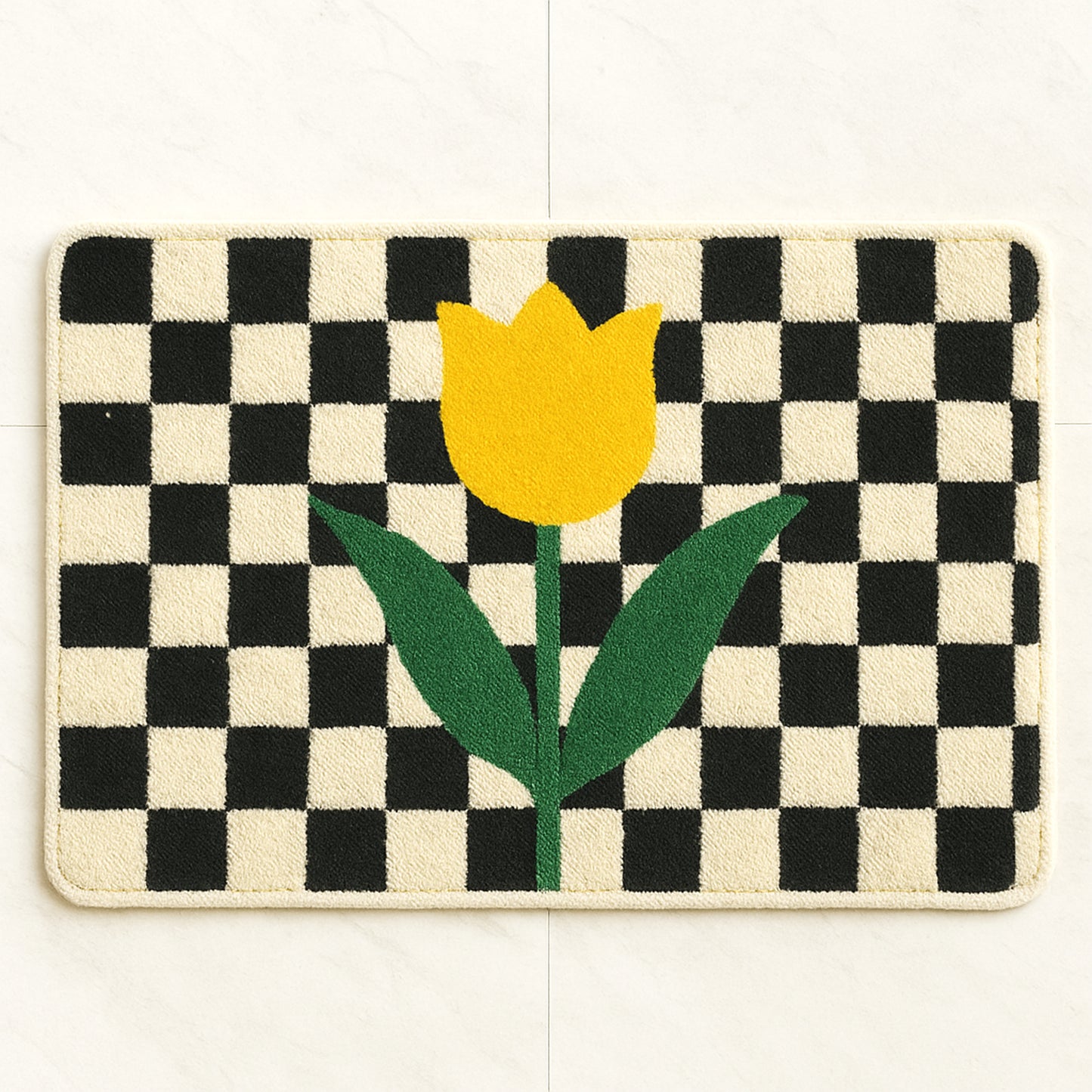 Feblilac Checkered Tulip Tufted Bath Mat | Soft Floral Bathroom Rug