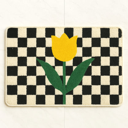 Feblilac Checkered Tulip Tufted Bath Mat | Soft Floral Bathroom Rug