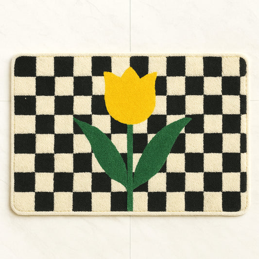 Feblilac Checkered Tulip Tufted Bath Mat | Soft Floral Bathroom Rug