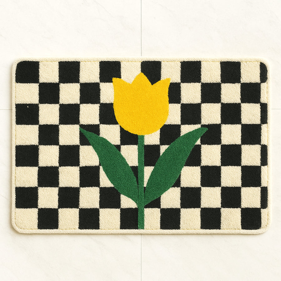 Feblilac Checkered Tulip Tufted Bath Mat | Soft Floral Bathroom Rug