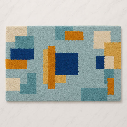 Feblilac Blue and Brown Squares Geometric Tufted Bath Mat