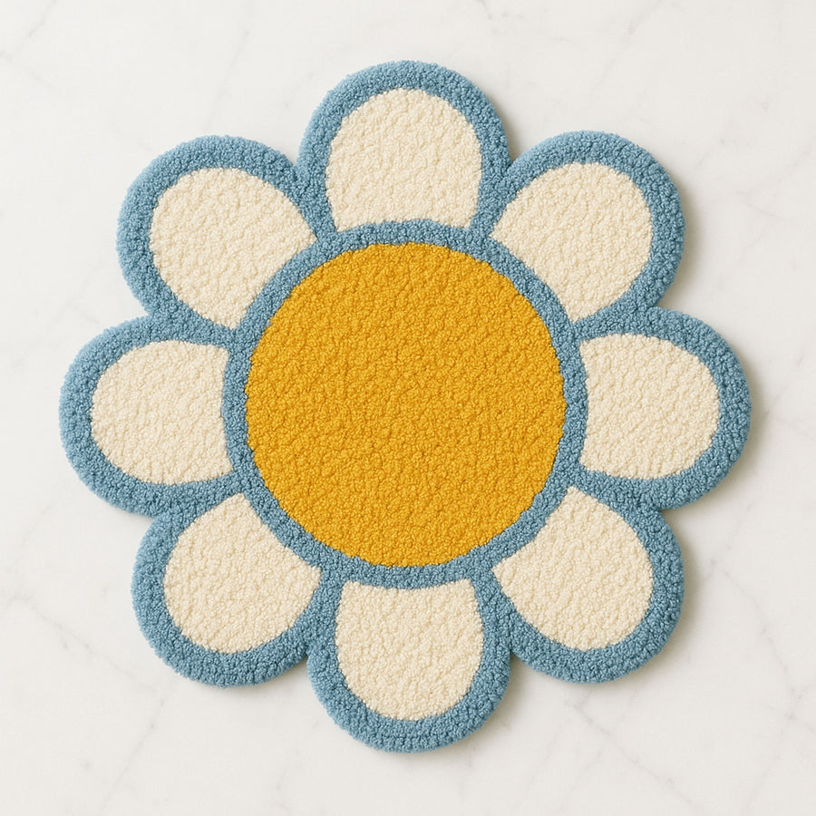 Feblilac Irregular White Flower Mat Rug Carpet, Blue and White Floral Bath Mat