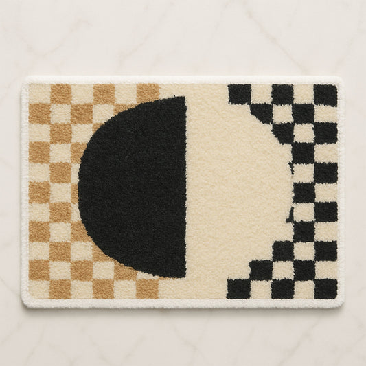 Retro Checkerboard Tufted Rug – Black & Brown Abstract Art Bath Mat | Feblilac