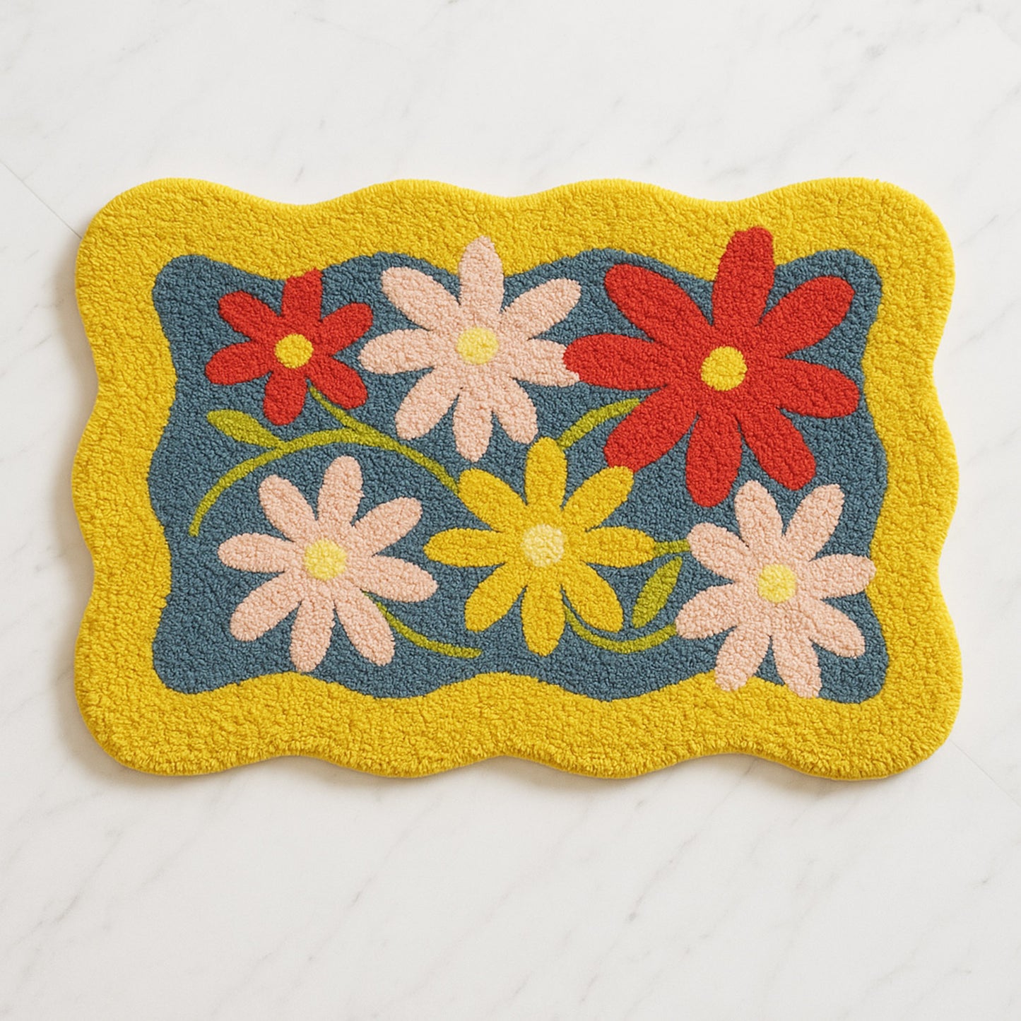 Feblilac Colorful Bloom Tufted Bath Mat – Wavy Edge Floral Design, Bright & Cheerful Bathroom Rug