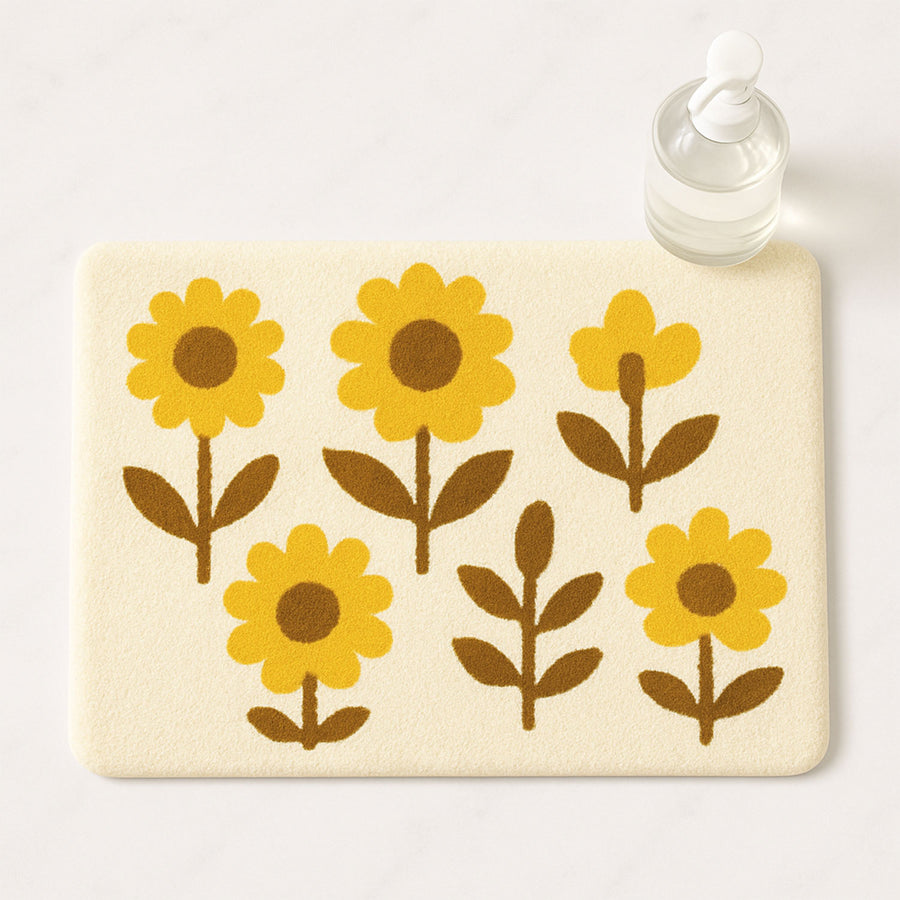 Feblilac Cute Yellow Floral Bath Mat – Soft Non-Slip Bathroom Rug, Sunflower Design