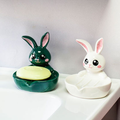 Feblilac Soap Box Ceramic Drain Soap Box Cute Little Rabbit Creative Bathroom