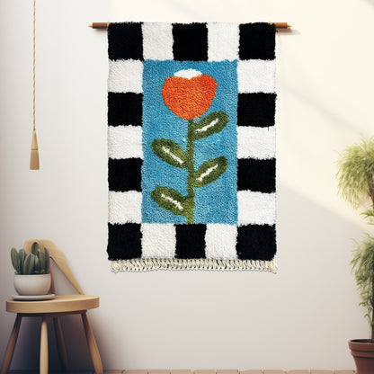 Feblilac Black and White Checkerboard Tulips Handmade Macrame Hanging Wall Decor Art