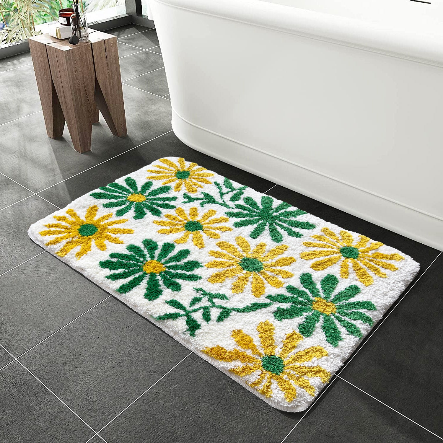 Feblilac Green Yellow Flowers and Green Leaves Tufted Bath Mat