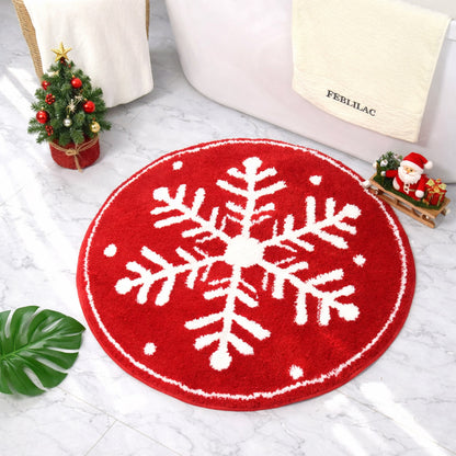 Feblilac Red background White Snowflakes Christmas style Tufted Bath Mat