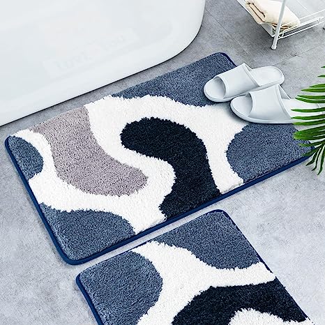 Feblilac Blue Abstract Geometric Tufted Bath Mat