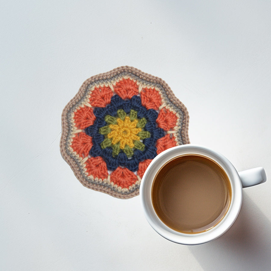 Feblilac Crochet Mandala Coaster – Orange Navy and Mustard