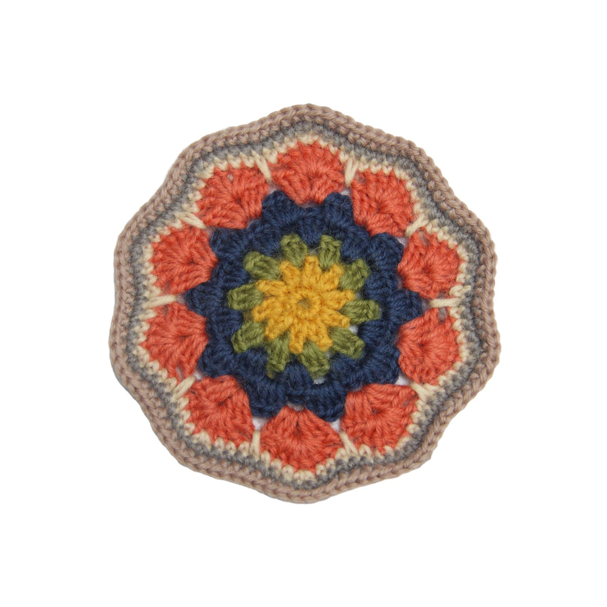 Feblilac Crochet Mandala Coaster – Orange Navy and Mustard