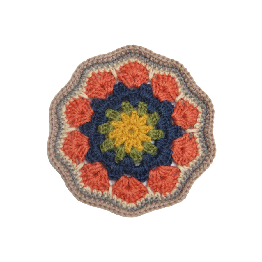 Feblilac Crochet Mandala Coaster – Orange Navy and Mustard