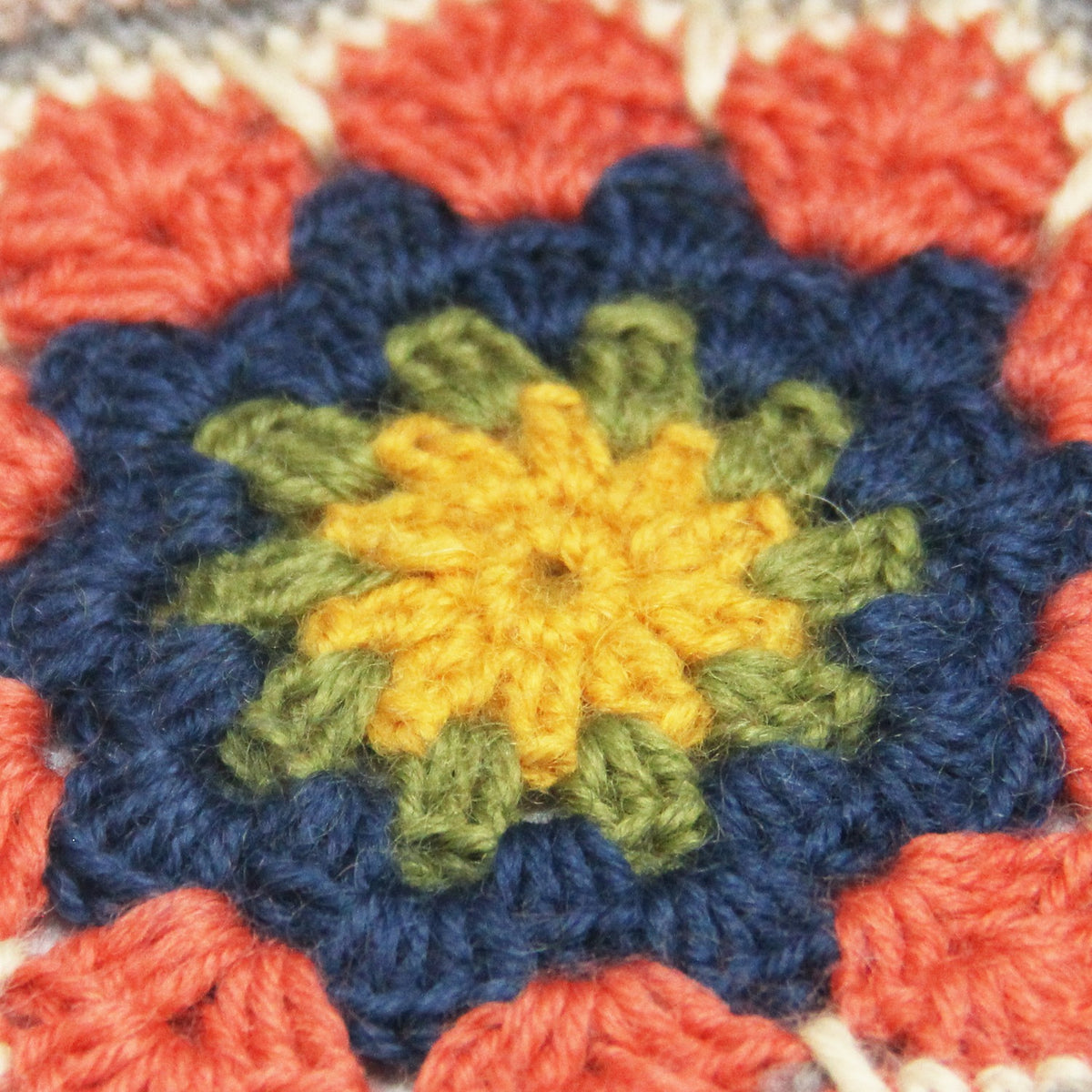Feblilac Crochet Mandala Coaster – Orange Navy and Mustard