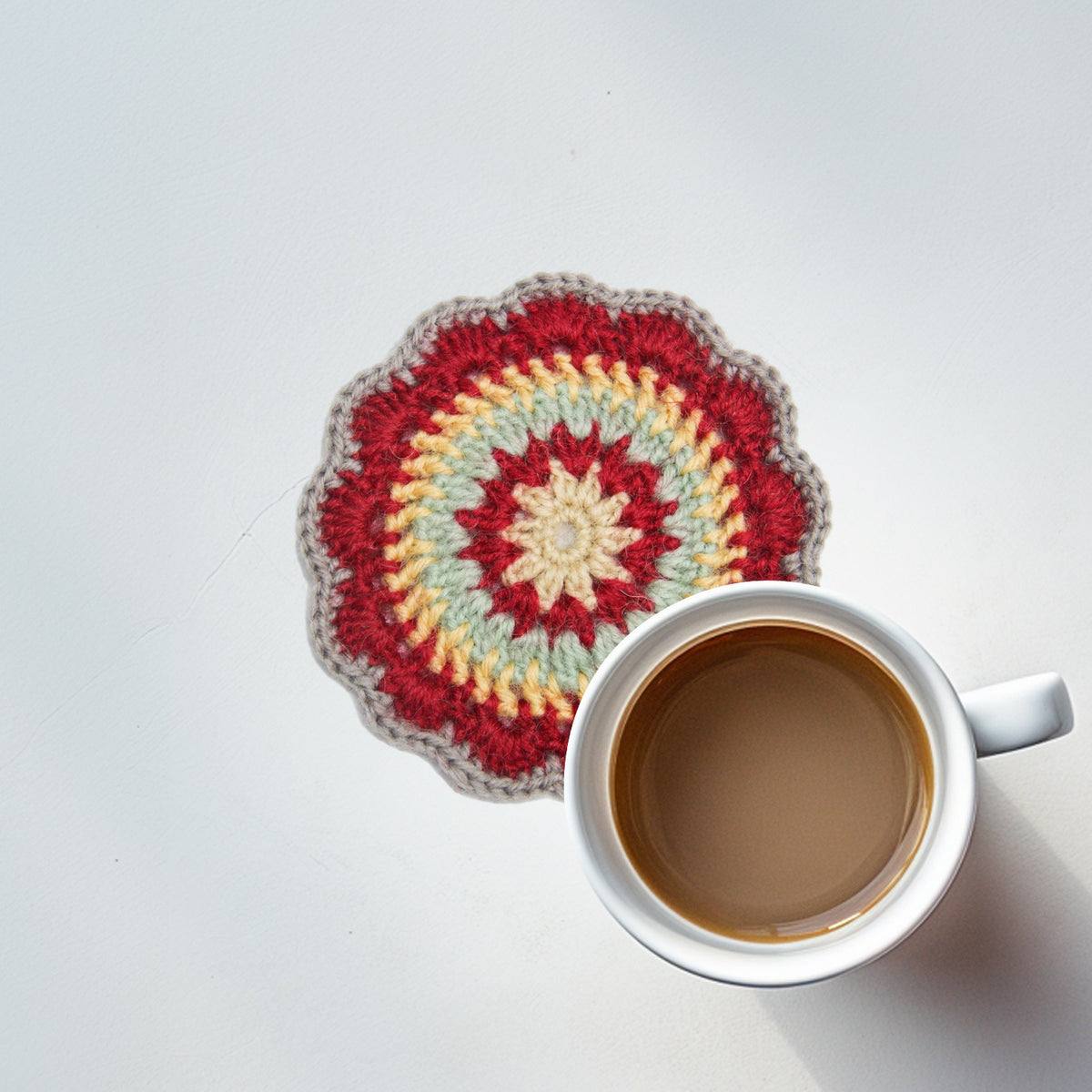 Feblilac Crochet Mandala Coaster – Red Cream and Sage