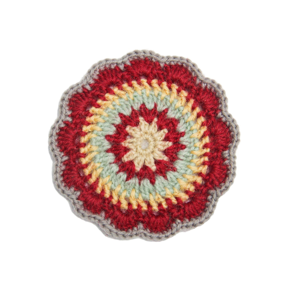 Feblilac Crochet Mandala Coaster – Red Cream and Sage