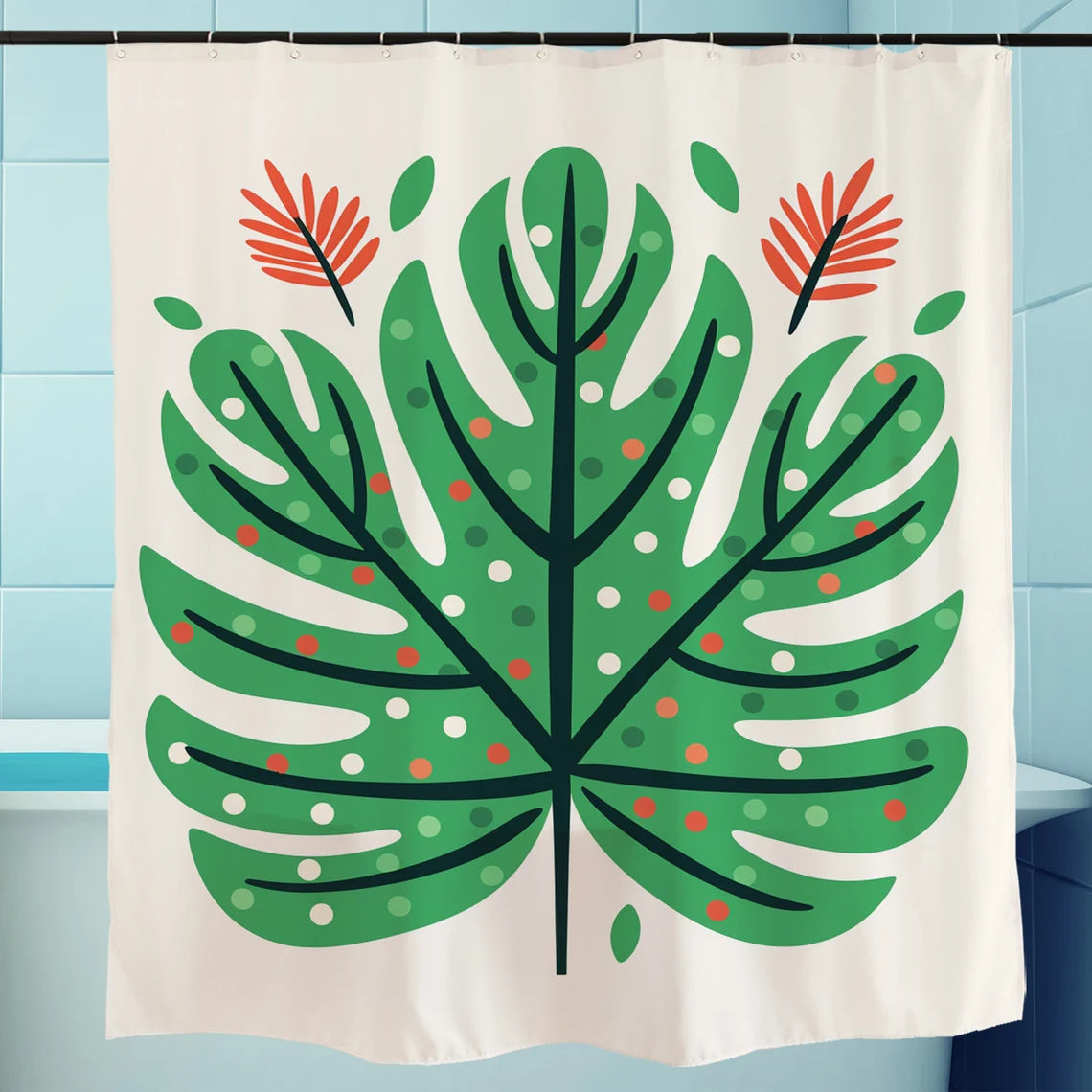 Feblilac Color Dot Green Monstera Shower Curtain