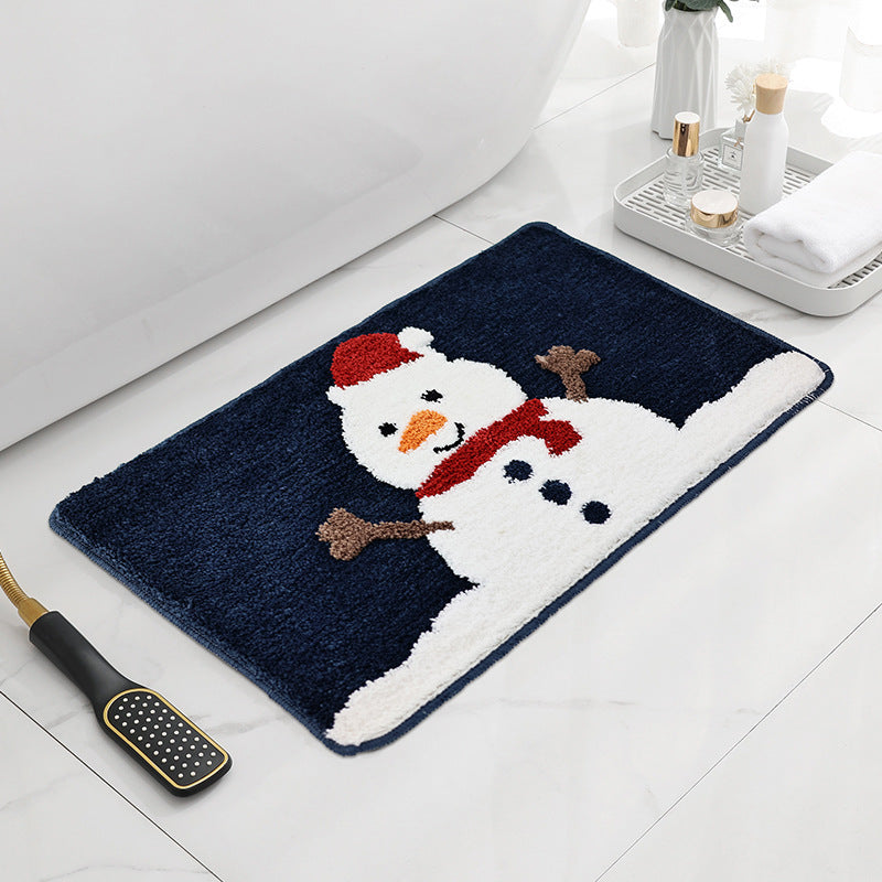 Bathroom Christmas Snowman on Black Background Tufted Bath Mat