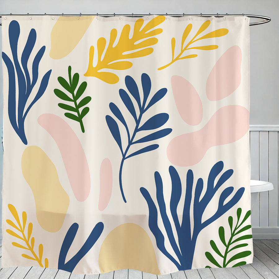 Feblilac Colorful Modern Leaf Color Blocks Shower Curtain with Hook - view 2