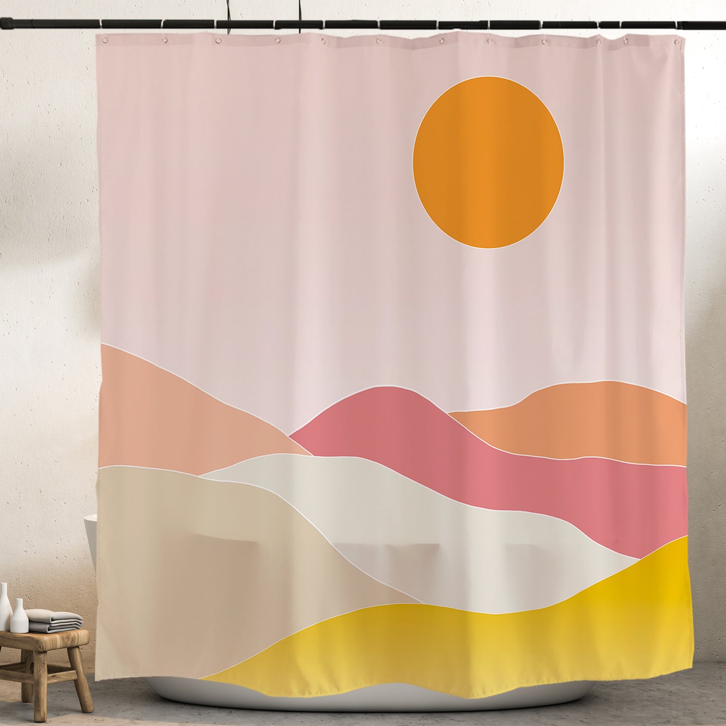 Feblilac Pink Mountain Sunrise Shower Curtain with Hook