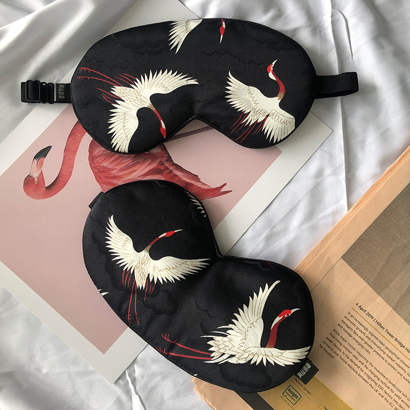 Feblilac Japanese Crane Mulberry Eye Mask, Black Silk Eye Mask