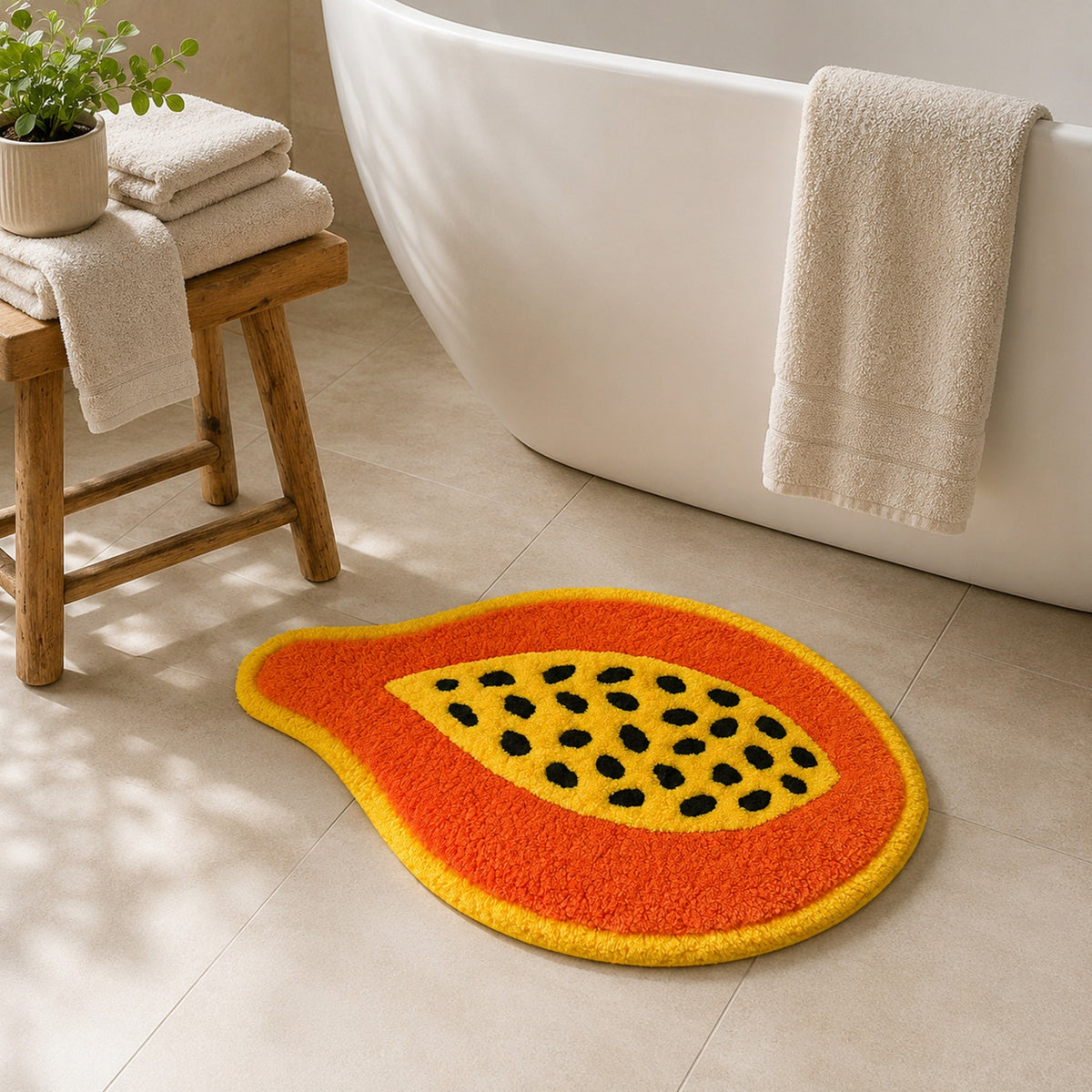 Feblilac Papaya Shaped Tufted Bath Mat – Orange and Yellow