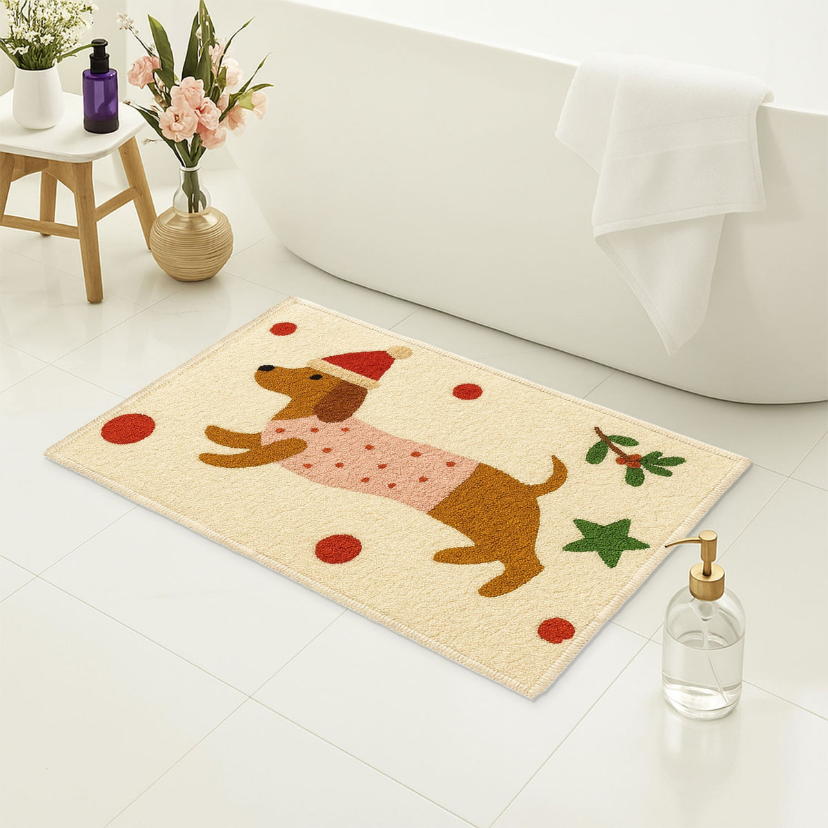 Feblilac Christmas Dachshund Bath Mat – Cute Holiday Dog Rug for Bathroom Decor