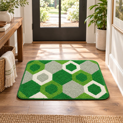 Feblilac Green Hexagon Tufted Bath Mat – Green Grey and White