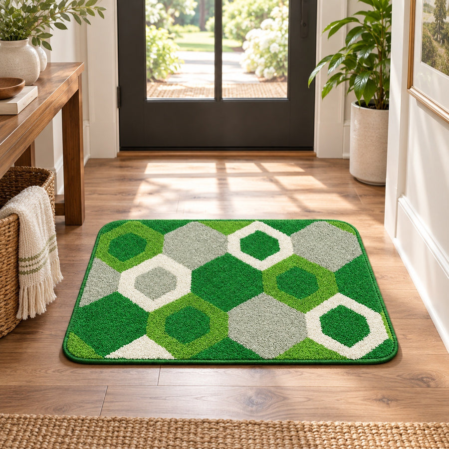 Feblilac Green Hexagon Tufted Bath Mat – Green Grey and White