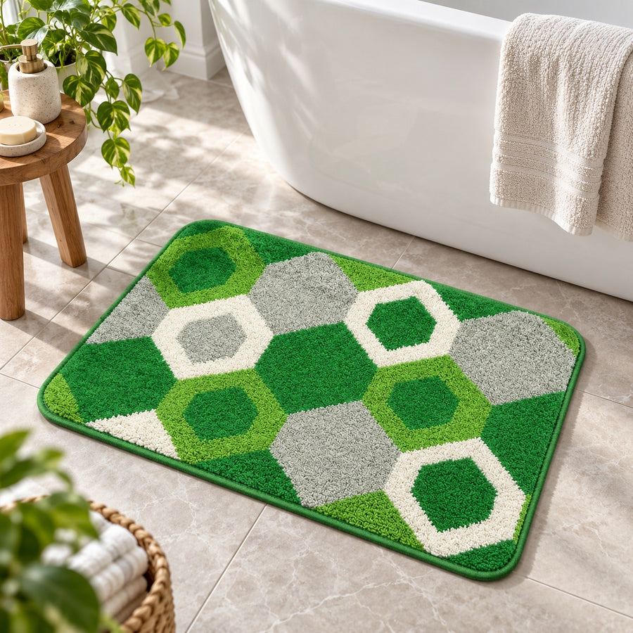 Feblilac Green Hexagon Tufted Bath Mat – Green Grey and White