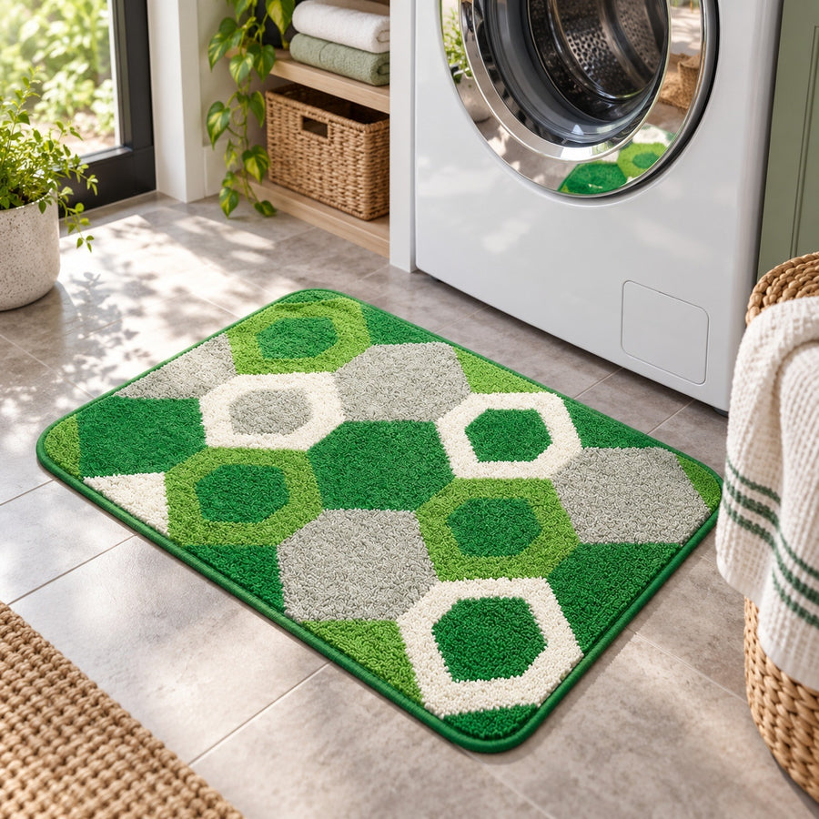 Feblilac Green Hexagon Tufted Bath Mat – Green Grey and White