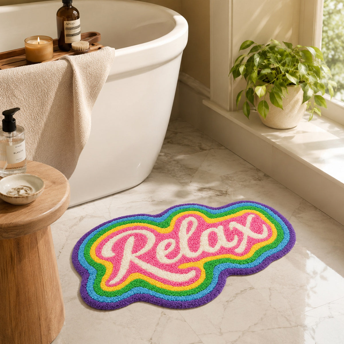 Feblilac Relax Rainbow Tufted Bath Mat – Wavy Cloud Shape
