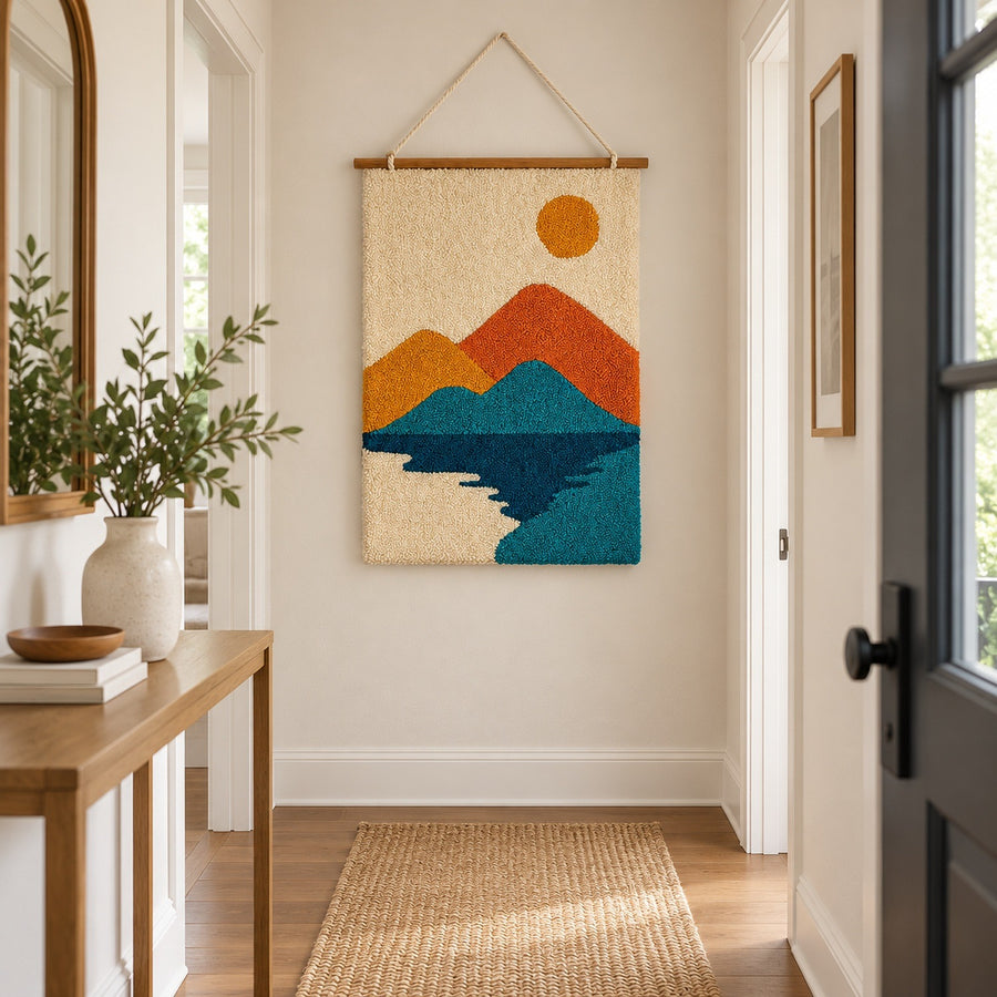 Feblilac Mountain Lake Tufted Wall Hanging – Orange and Blue