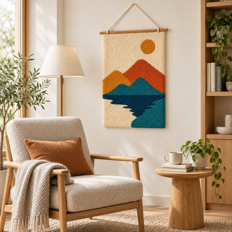 Feblilac Mountain Lake Tufted Wall Hanging – Orange and Blue