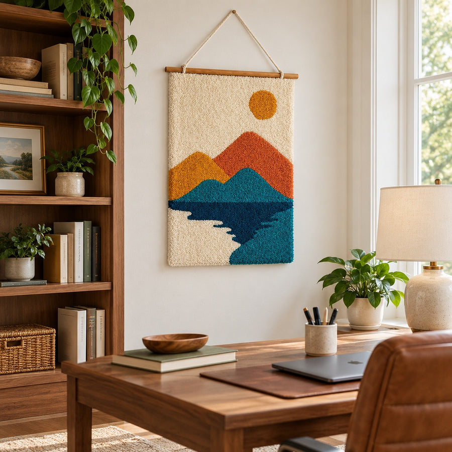 Feblilac Mountain Lake Tufted Wall Hanging – Orange and Blue
