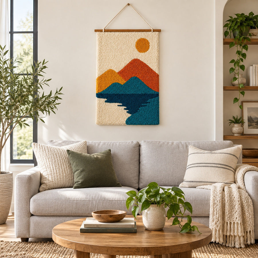 Feblilac Mountain Lake Tufted Wall Hanging – Orange and Blue