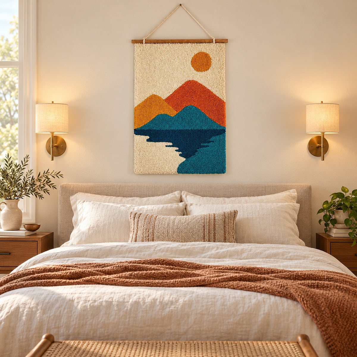 Feblilac Mountain Lake Tufted Wall Hanging – Orange and Blue