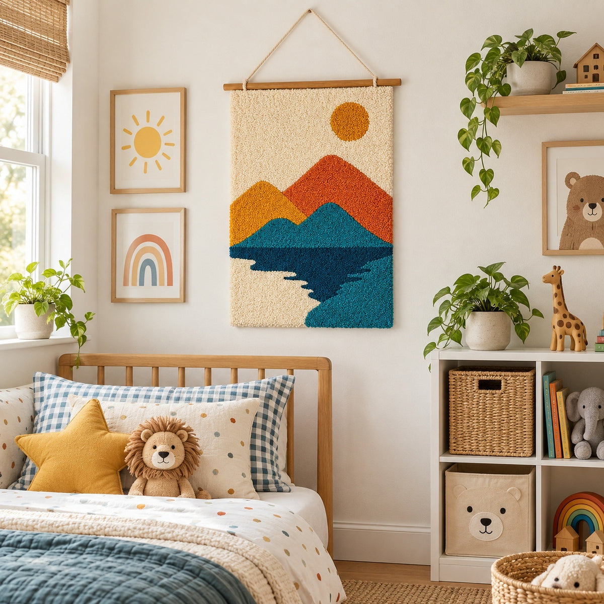 Feblilac Mountain Lake Tufted Wall Hanging – Orange and Blue