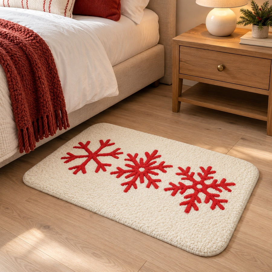 Feblilac Christmas Snowflake Trio Tufted Bath Mat – Red on Cream