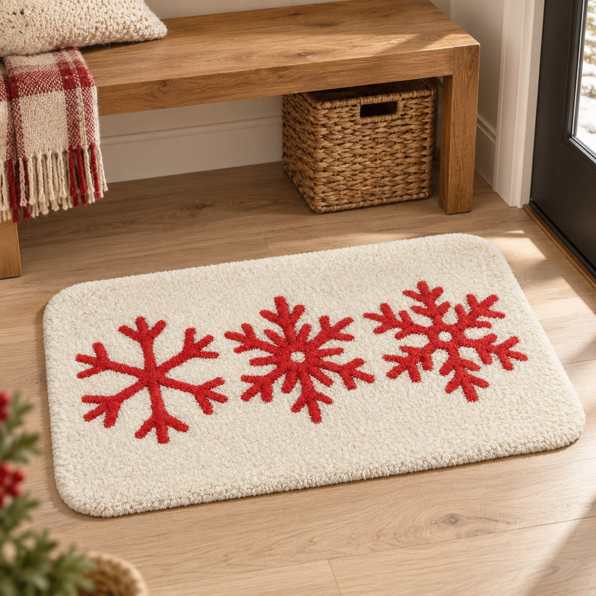 Feblilac Christmas Snowflake Trio Tufted Bath Mat – Red on Cream