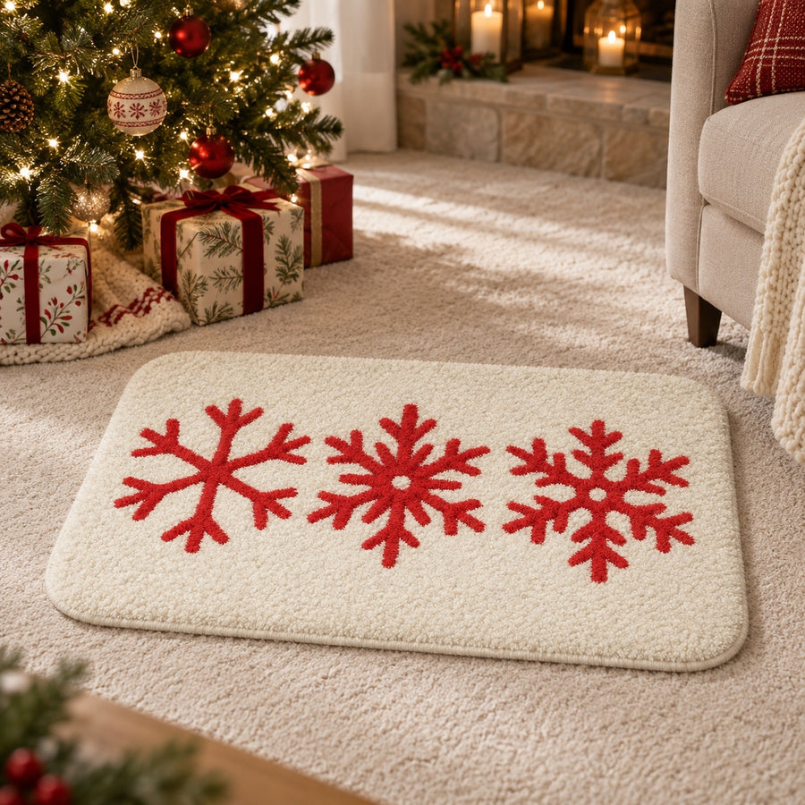 Feblilac Christmas Snowflake Trio Tufted Bath Mat – Red on Cream