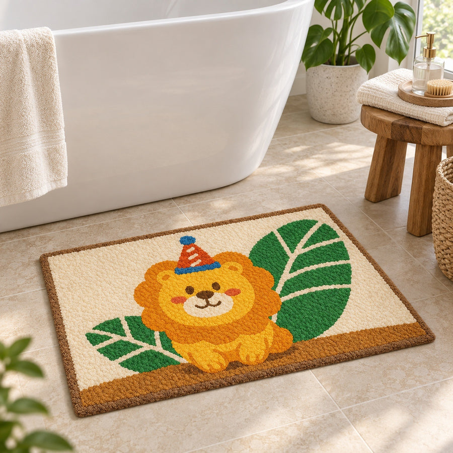 Feblilac Cute Lion Tufted Bath Mat – Party Lion and Leaves