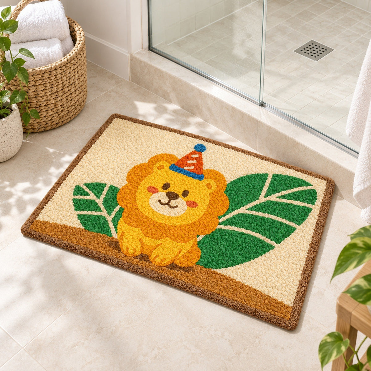 Feblilac Cute Lion Tufted Bath Mat – Party Lion and Leaves