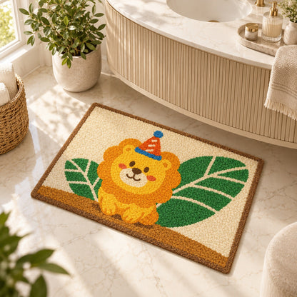 Feblilac Cute Lion Tufted Bath Mat – Party Lion and Leaves