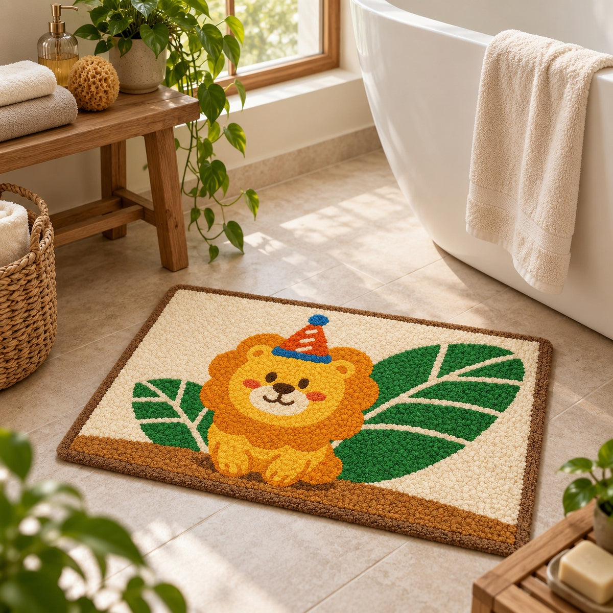 Feblilac Cute Lion Tufted Bath Mat – Party Lion and Leaves