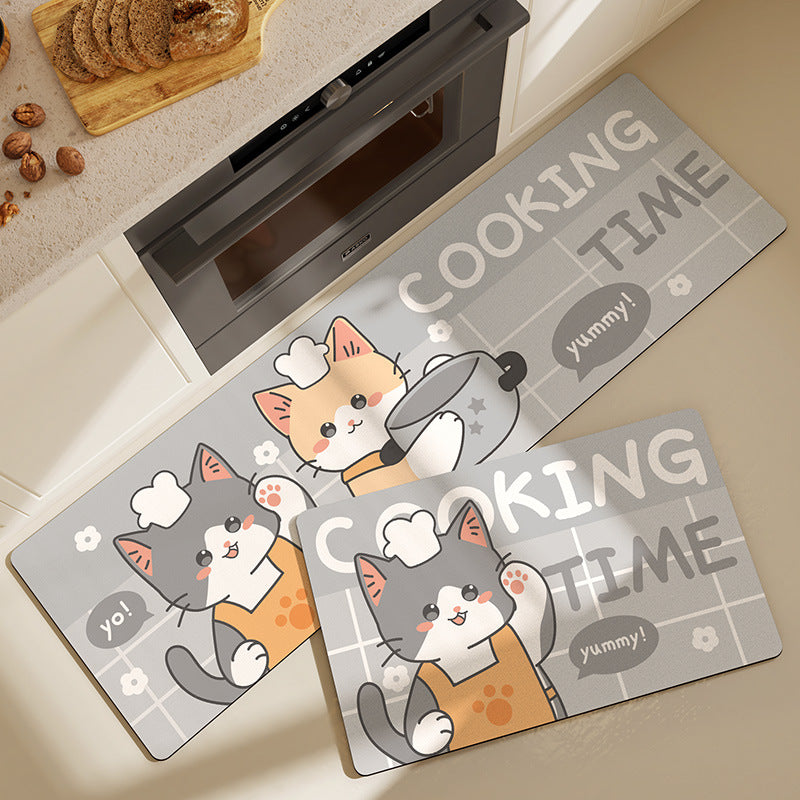Feblilac Cute Cat Cooking Time PVC Leather Kitchen Mat