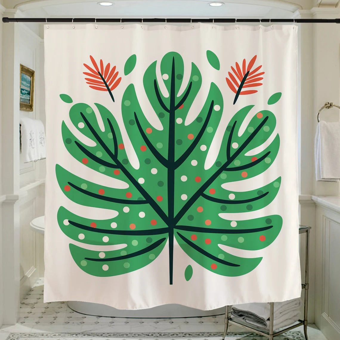 Feblilac Color Dot Green Monstera Shower Curtain