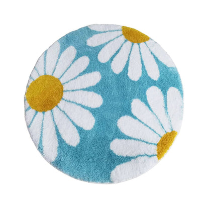 Feblilac Cute Floral Round Teal Daisy Flower Tufted Bath Mat