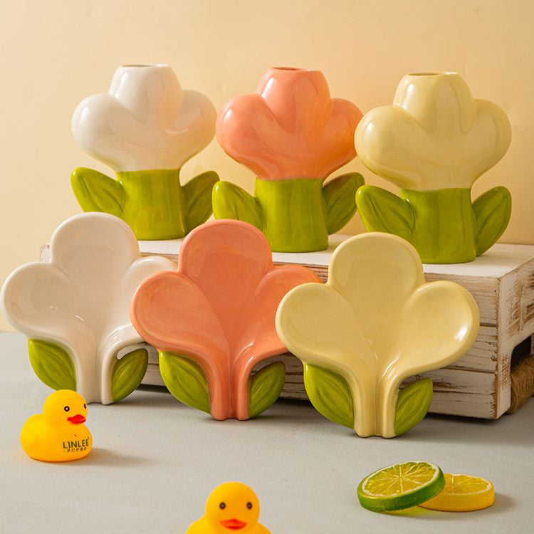 Feblilac Creative Ceramic Soap Box, Flower Toothbrush Holder, Sink Storage Cylinder, Bathroom Soap Box Decorat
